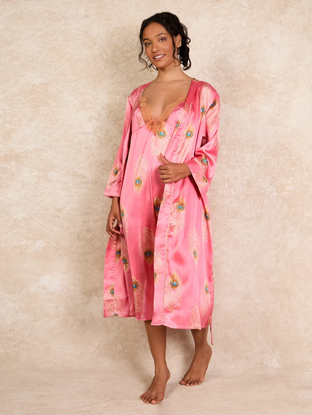 Womens Satin Kimono Robe Gold Peacock Feather