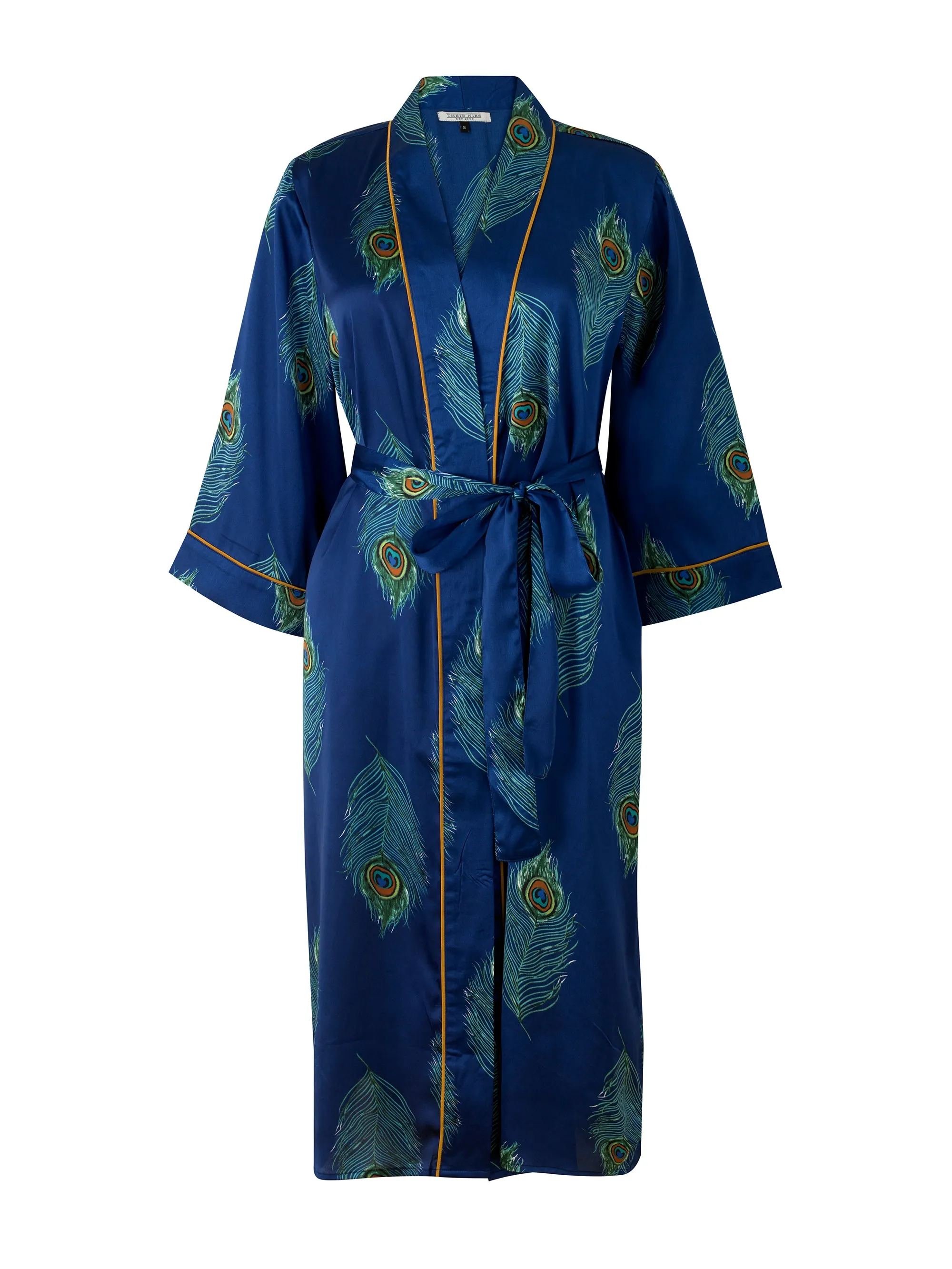 Womens Satin Robe Navy Peacock Feather